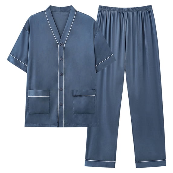 BaoFuBaoMei Mens Pjs Sets 2 Piece Big and Tall Button up 2 Piece V Neck Pajamas Short Sleeve and Pants Sleepwear Sets Comfy Soft Loungewear with Pockets