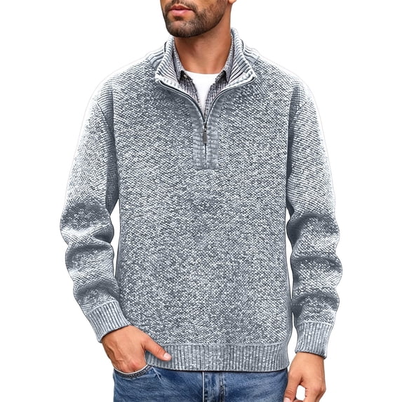 BaoFuBaoMei Mens Quarter Zip Sweaters Big and Tall Fleece Lined Ribbed Trim Long Sleeve Sweater Solid Knit Slim Fit Fall Winter Tops