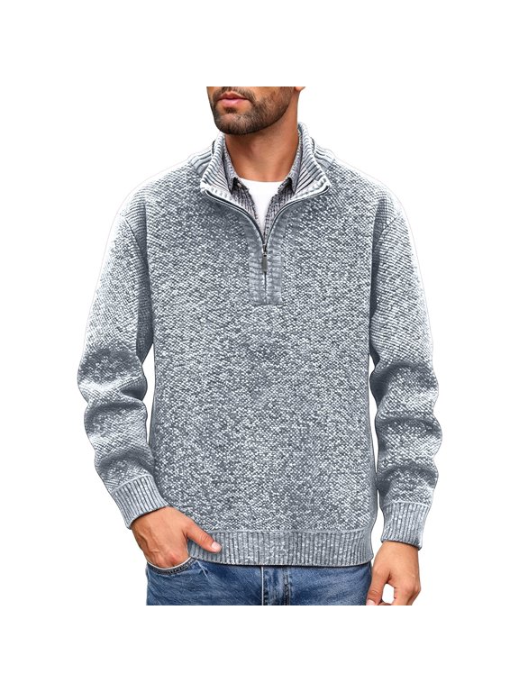 Mens Quarter Zip Sweaters Big and Tall Fleece Lined Ribbed Trim Long Sleeve Sweater Solid Knit Slim Fit Fall Winter Tops