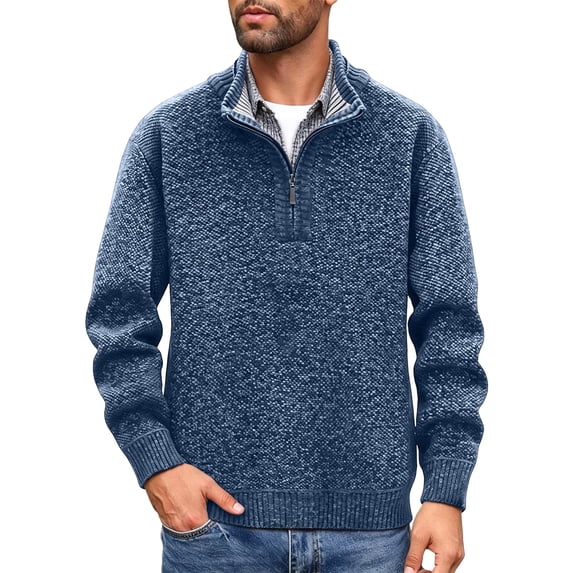 BaoFuBaoMei Mens Quarter Zip Sweaters Big and Tall Fleece Lined Ribbed Trim Long Sleeve Sweater Solid Knit Slim Fit Fall Winter Tops