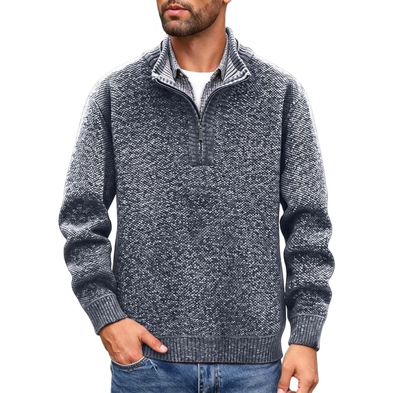 BaoFuBaoMei Mens Quarter Zip Sweaters Big and Tall Fleece Lined Ribbed Trim Long Sleeve Sweater Solid Knit Slim Fit Fall Winter Tops