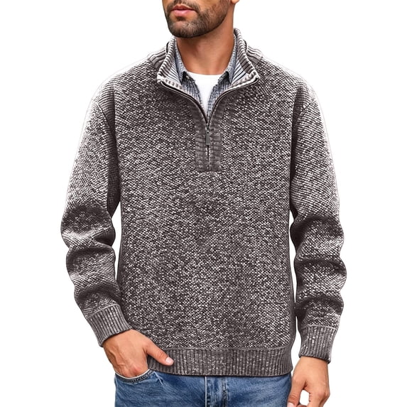BaoFuBaoMei Mens Quarter Zip Sweaters Big and Tall Fleece Lined Ribbed Trim Long Sleeve Sweater Solid Knit Slim Fit Fall Winter Tops