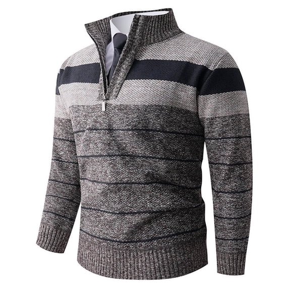BaoFuBaoMei Mens Quarter Zip Sweaters Big and Tall Ribbed Trim Fleece Lined Long Sleeve Sweater Striped Stretchy Fall Winter Tops