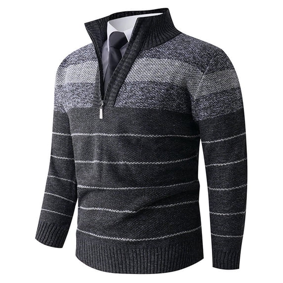 BaoFuBaoMei Mens Quarter Zip Sweaters Big and Tall Ribbed Trim Fleece Lined Long Sleeve Sweater Striped Stretchy Fall Winter Tops