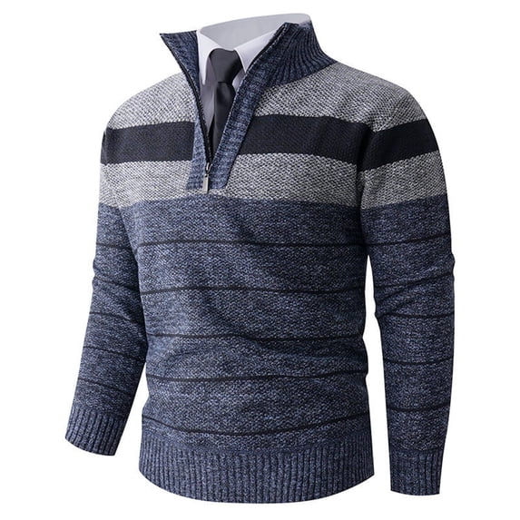 BaoFuBaoMei Mens Quarter Zip Sweaters Big and Tall Ribbed Trim Fleece Lined Long Sleeve Sweater Striped Stretchy Fall Winter Tops