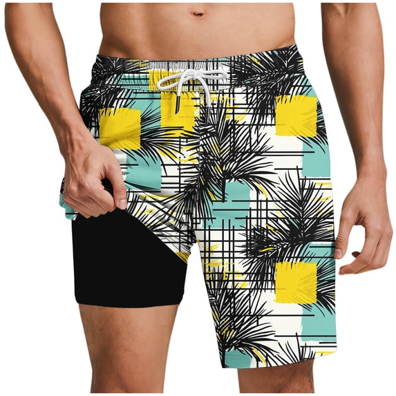 BaoFuBaoMei Mens Quick Dry Swim Shorts with Liner Big and Tall Printed Drawstring Shorts Beach Vacation Swim Trunks with Pockets