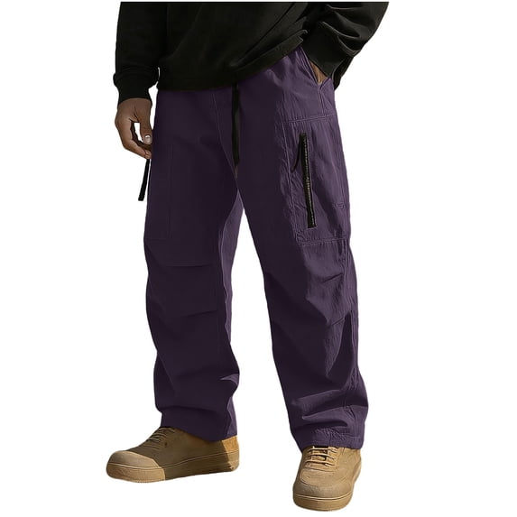 BaoFuBaoMei Mens Water Resistant Fleece Lined Elastic Waist Drawstring Cargo Pants Multi Pockets Straight Leg Pants Solid Outdoor Trousers S-5xl