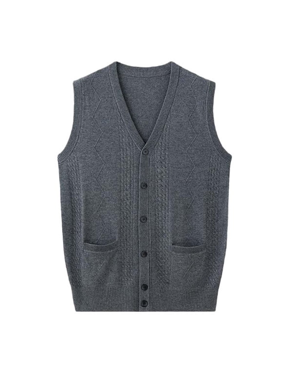 Mens Wool Cardigan Sweater Big and Tall V Neck Sleeveless Vest Button up Ribbed Trim Cardigan Solid Knitted Sweater with Pockets