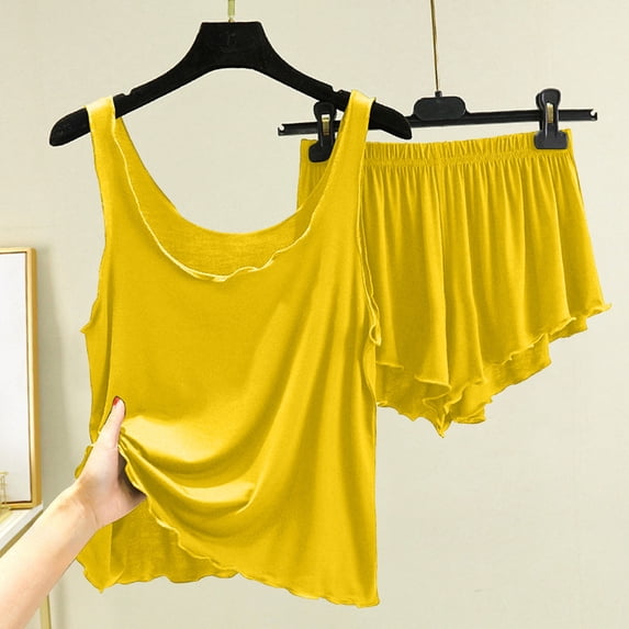 BaoFuBaoMei Modal Pajamas Women 2 Piece Plus Size V Neck Tank and Shorts Sleepwear Ruffle Trim Solid Soft Lounge Set