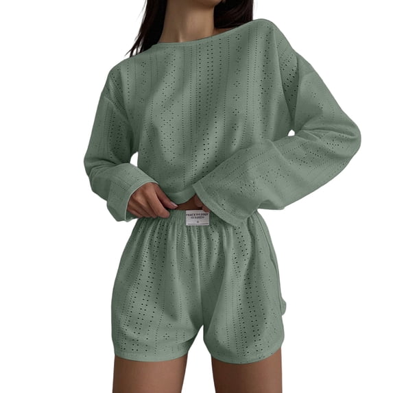 BaoFuBaoMei Pajamas for Women Set Plus Size 2 Piece Long Sleeve Sleepwear Crew Neck Top and Shorts Pjs Hollow out Cropped Lounge Set