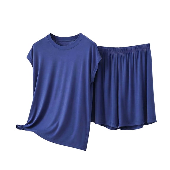 BaoFuBaoMei Pajamas for Women Set Plus Size 2 Piece Modal Short Sleeve Lounge Set Crew Neck Top and Wide Leg Shorts Pjs Fall Loose Sleepwear
