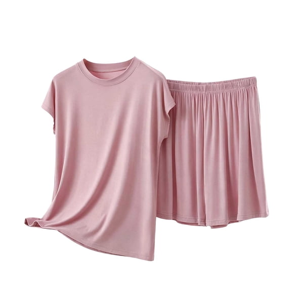 BaoFuBaoMei Pajamas for Women Set Plus Size 2 Piece Modal Short Sleeve Lounge Set Crew Neck Top and Wide Leg Shorts Pjs Fall Loose Sleepwear