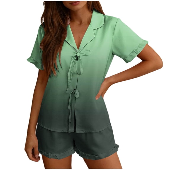 BaoFuBaoMei Pajamas for Women Set Plus Size 2 Piece Short Sleeve Lounge Set Collared Tops and Shorts Sleepwear Gradient Soft Pjs