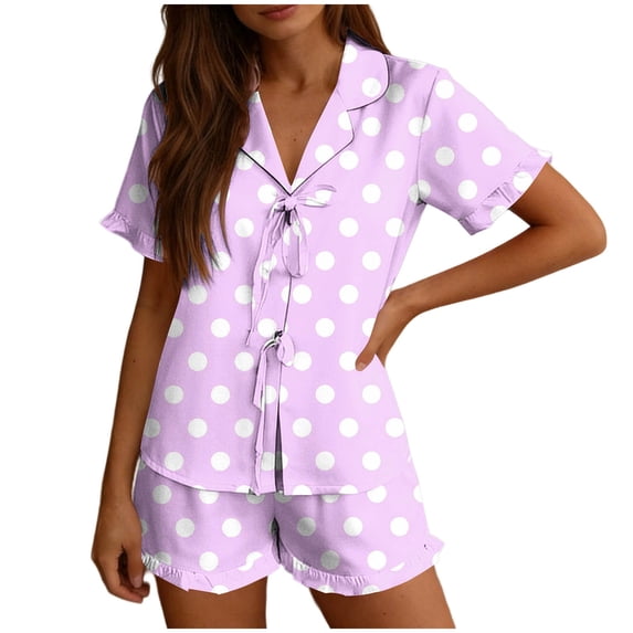 BaoFuBaoMei Pajamas for Women Set Plus Size 2 Piece Short Sleeve Pjs Collared Tops and Shorts Sleepwear Polka Dots Soft Lounge Set