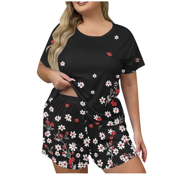 BaoFuBaoMei Pajamas for Women Set Plus Size 2 Piece Short Sleeve Pjs Crew Neck Top and Shorts Sleepwear Floral Print Lounge Set with Pockets