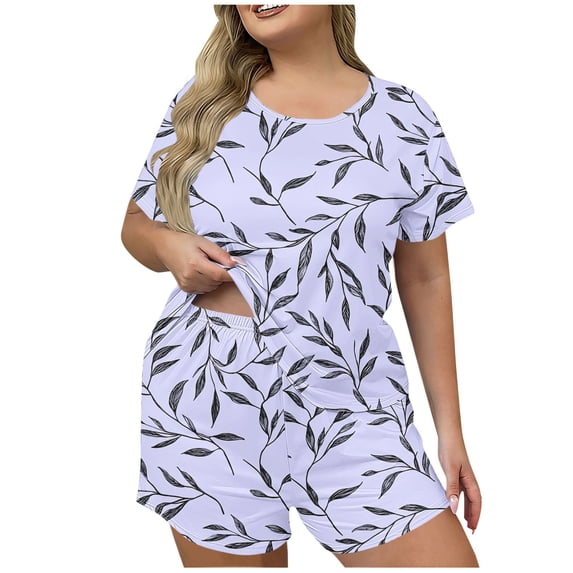 BaoFuBaoMei Pajamas for Women Set Plus Size 2 Piece Short Sleeve Pjs Crew Neck Top and Shorts Sleepwear Leaf Print Lounge Set with Pockets