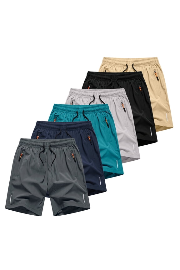 Quick Dry Shorts for Boys 6 Pack Elastic Waist Drawstring Solid Workout Shorts with Zip Pockets Summer Casual Clothes