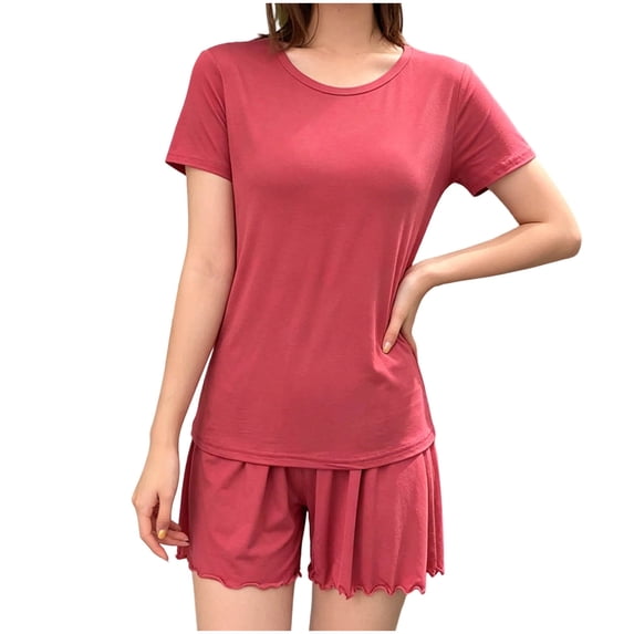 BaoFuBaoMei Ruffle Pajama Set for Women 2 Piece Plus Size Short Sleeve Pjs Crew Neck Top and Shorts Lounge Set Solid Soft Sleepwear