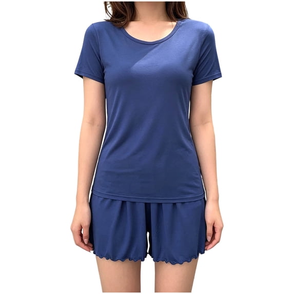 BaoFuBaoMei Ruffle Pajama Set for Women 2 Piece Plus Size Short Sleeve Pjs Crew Neck Top and Shorts Lounge Set Solid Soft Sleepwear