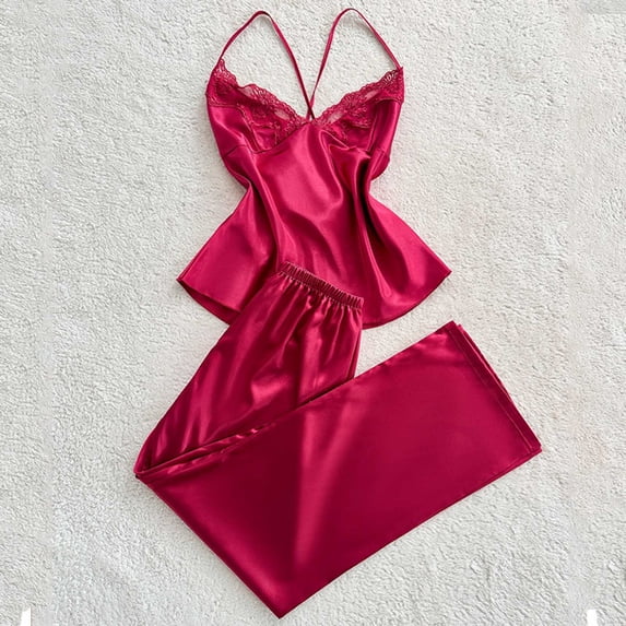 BaoFuBaoMei Satin Pajamas for Women 2 Piece Lace V Neck Cami and Pants Sleepwear Solid Color Comfy Soft Lounge Set