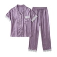 thumbnail image 1 of BaoFuBaoMei Satin Pajamas for Women Plus Size 2 Piece Short Sleeve Button up Lounge Set Collared Top and Pants Pjs Lace Trim Striped Sleepwear, 1 of 6