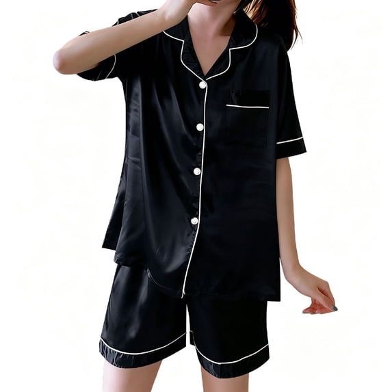 BaoFuBaoMei Satin Pajamas for Women Plus Size 2 Piece Short Sleeve Button up Sleepwear Collared Tops and Shorts Pjs Soft Lounge Set with Pockets