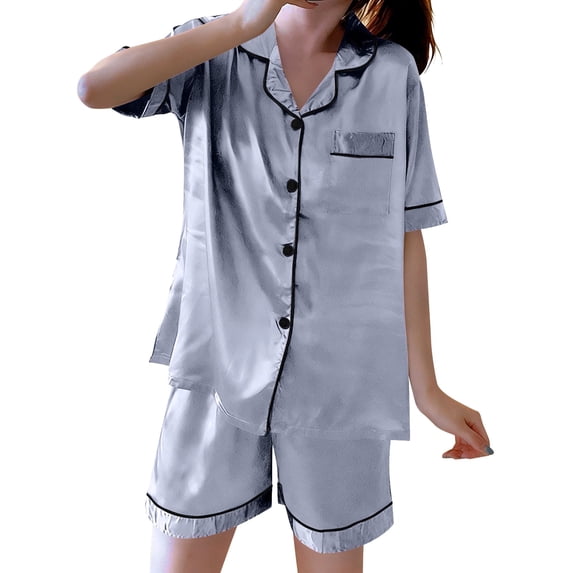 BaoFuBaoMei Satin Pajamas for Women Plus Size 2 Piece Short Sleeve Button up Sleepwear Collared Tops and Shorts Pjs Soft Lounge Set with Pockets