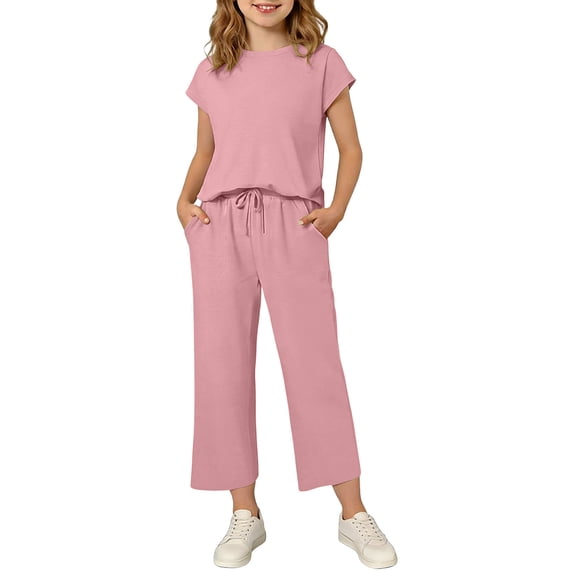 BaoFuBaoMei Short Sets for Girls 2 Piece Summer Crew Neck Short Sleeve Tops and Pants Sets Casual Vacation Travel Outfits