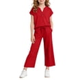 thumbnail image 1 of BaoFuBaoMei Short Sets for Girls 2 Piece Summer V Neck Short Sleeve Tops and Pants Sets Casual Vacation Travel Outfits, 1 of 9