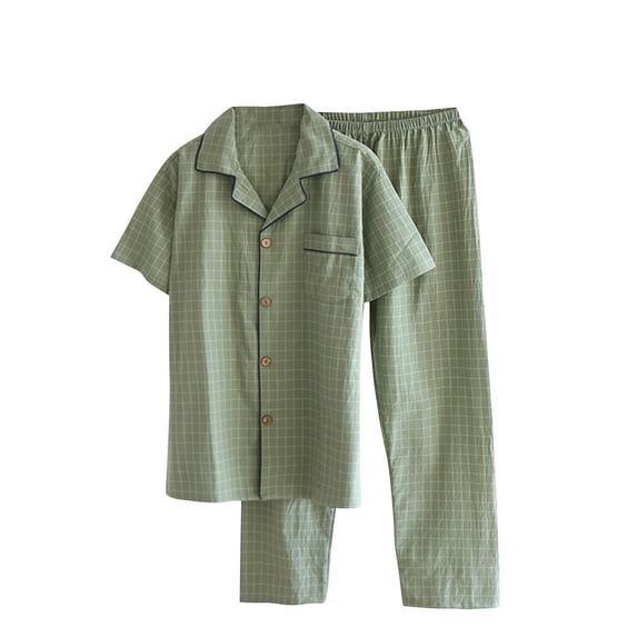 BaoFuBaoMei Summer Pajamas for Men Cotton Button up Collared Lounge Sets Short Sleeve Pants Sleepwear Sets Checked Soft Loungewear