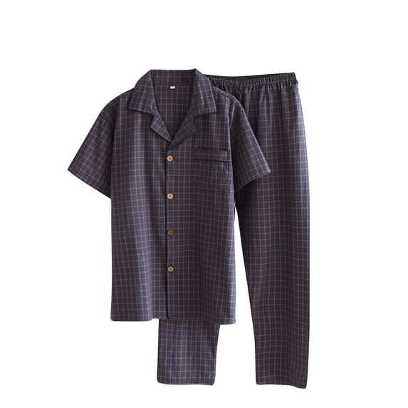 BaoFuBaoMei Summer Pajamas for Men Cotton Button up Collared Lounge Sets Short Sleeve Pants Sleepwear Sets Checked Soft Loungewear
