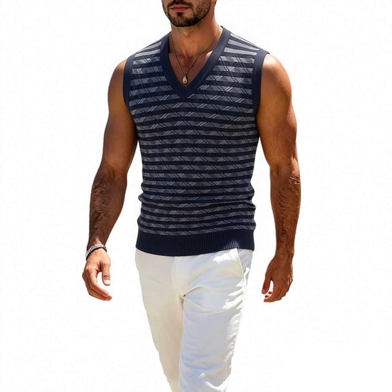 BaoFuBaoMei Sweater Vest Men Knitted Big and Tall V Neck Ribbed Trim Sleeveless Sweater Stripe Jacquard Fall Tops
