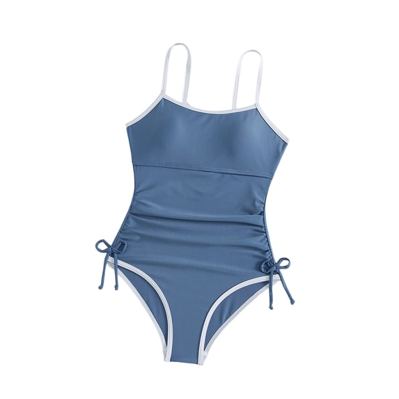 BaoFuBaoMei Swimsuit Kids Girls 1 Piece Spaghetti Strap Padded Bathing Suit Drawstring Solid Full Coverage Swimwear Summer Vacation Swim Set