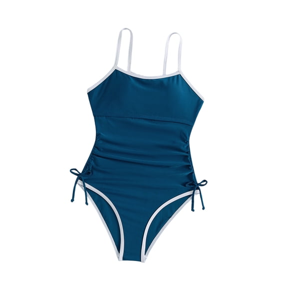 BaoFuBaoMei Swimsuit Kids Girls 1 Piece Spaghetti Strap Padded Bathing Suit Drawstring Solid Full Coverage Swimwear Summer Vacation Swim Set