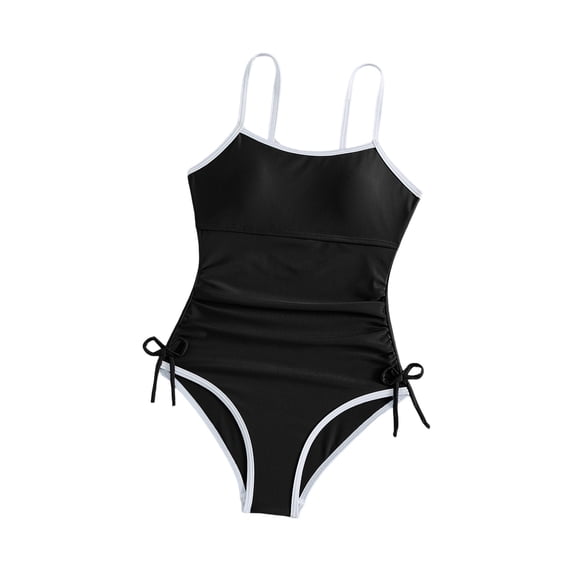BaoFuBaoMei Swimsuit Kids Girls 1 Piece Spaghetti Strap Padded Bathing Suit Drawstring Solid Full Coverage Swimwear Summer Vacation Swim Set