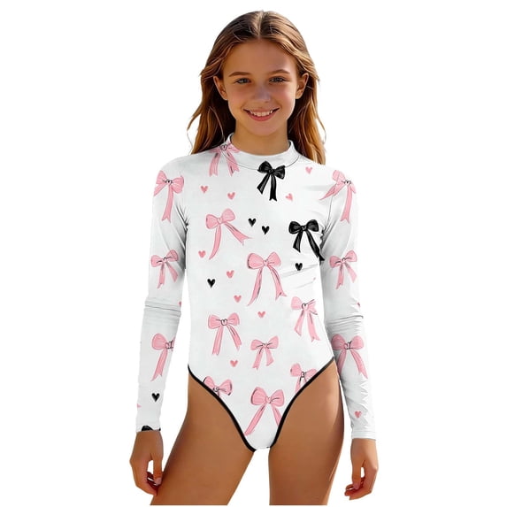 BaoFuBaoMei Swimsuit for Girls 1 Piece Half Zip Long Sleeve Bathing Suit Bow Printed Full Coverage Swimwear Summer Vacation Swim Set