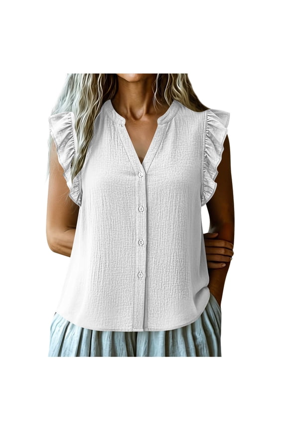 Tops for Women Trendy Summer Plus Size Lightweight V Neck Flutter Sleeve Shirts Button up Solid Blouse Casual Vacation Outfit