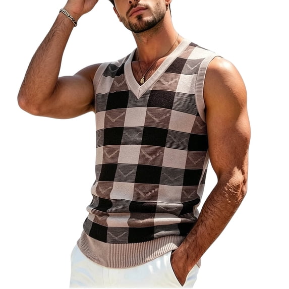 BaoFuBaoMei V Neck Sweater Vest for Men Big and Tall Ribbed Trim Sleeveless Sweater Plaid Color Block Knitted Fall Tops