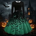 thumbnail image 1 of BaoFuBaoMei Vintage Halloween Dresses for Women Plus Size Crew Neck Long Sleeve Halloween Bats Print Midi Dress Back Zipper Closure Waist Bow Tie a Line Dresses for Party, 1 of 6