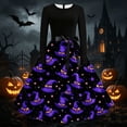 thumbnail image 1 of BaoFuBaoMei Vintage Halloween Dresses for Women Plus Size Crew Neck Long Sleeve Halloween Witch Hat Star Print Midi Dress Back Zipper Closure Waist Bow Tie a Line Dresses for Party, 1 of 6
