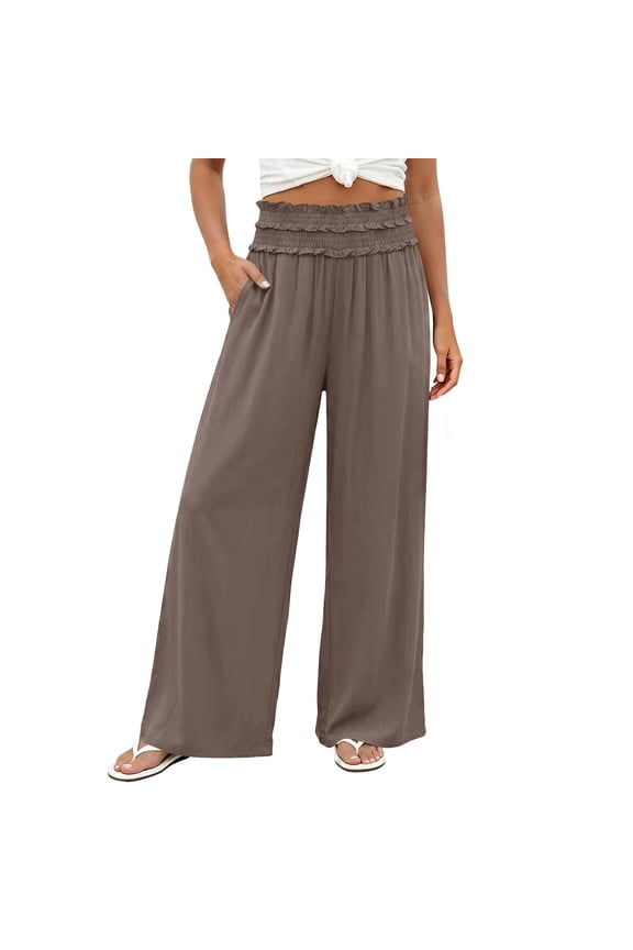 Wide Leg Pants for Women Plus Size Comfy Elastic Waist Trousers Solid Straight Leg Pants Summer Casual Outfits with Pockets