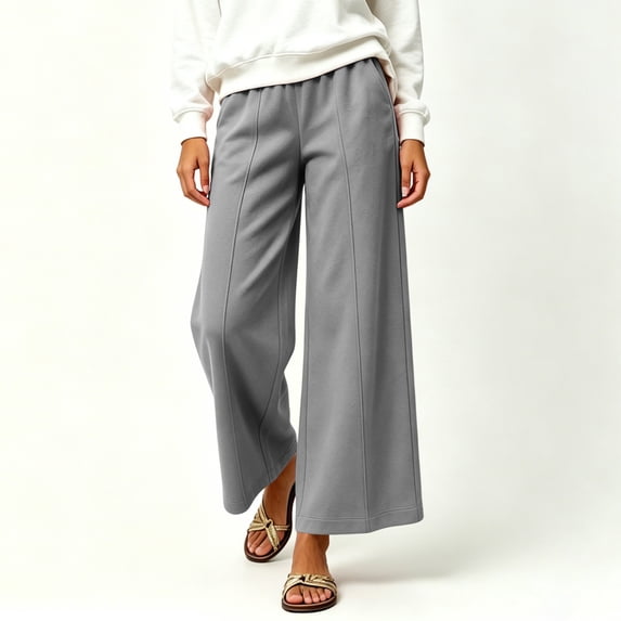 BaoFuBaoMei Women Straight Leg Sweat Pants Plus Size Elastic Waist Wide Leg Pants Solid Front Seamed Trousers with Pockets