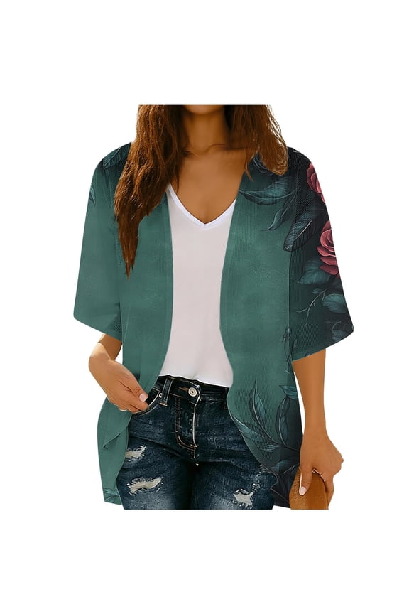 Womens 3/4 Sleeve Cardigans Summer Plus Size Lightweight Open Front Beach Cover up Tops Floral Printed Ribbed Casual Tops