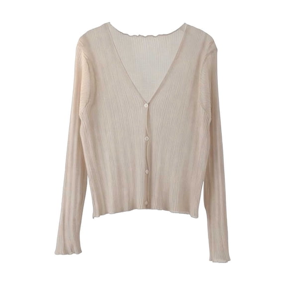 BaoFuBaoMei Womens Cotton Knit Cardigan Sweater Lightweight Sheer Long Sleeve Cardigans Button up V Neck Sweater Cropped Solid Tops