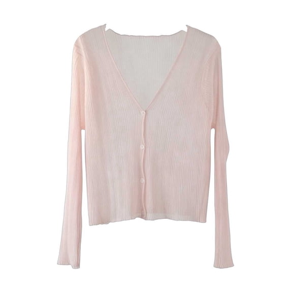 BaoFuBaoMei Womens Cotton Knit Cardigan Sweater Lightweight Sheer Long Sleeve Cardigans Button up V Neck Sweater Cropped Solid Tops