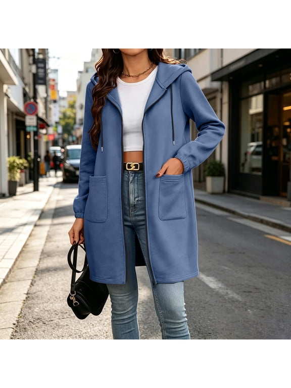 Womens Hoodie Zip up Sweatshirt Jacket Plus Size Long Cuffed Sleeve Fleece Full Zip up Cardigan Solid Fall Winter Longline Jacket with Pockets