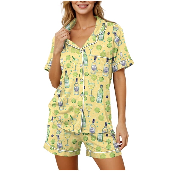 BaoFuBaoMei Womens Pajama Sets Plus Size 2 Piece Short Sleeve Button up Sleepwear Collared Tops and Drawstring Shorts Pjs Cute Print Lounge Set with Pockets