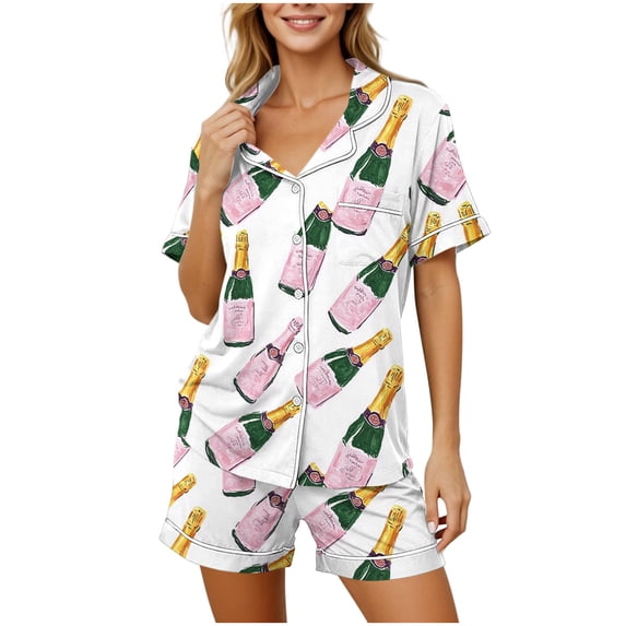 BaoFuBaoMei Womens Pajama Sets Plus Size 2 Piece Short Sleeve Button up Sleepwear Collared Tops and Drawstring Shorts Pjs Cute Print Lounge Set with Pockets