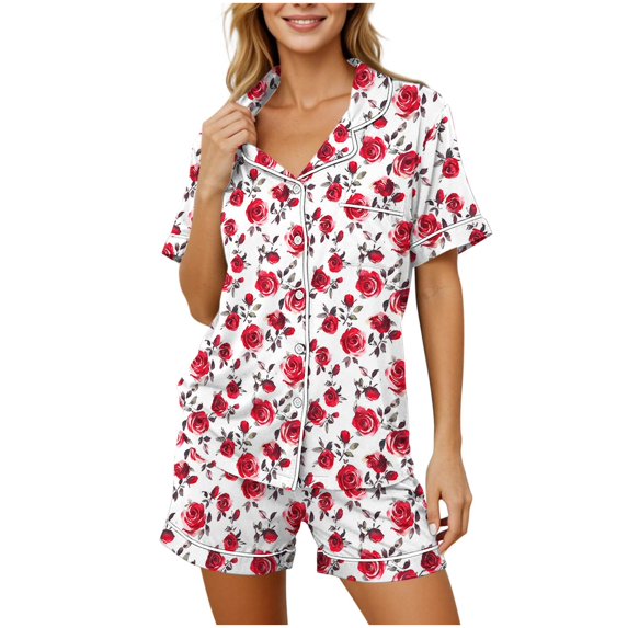 BaoFuBaoMei Womens Pajama Sets Plus Size 2 Piece Short Sleeve Button up Sleepwear Collared Tops and Drawstring Shorts Pjs Floral Print Lounge Set with Pockets