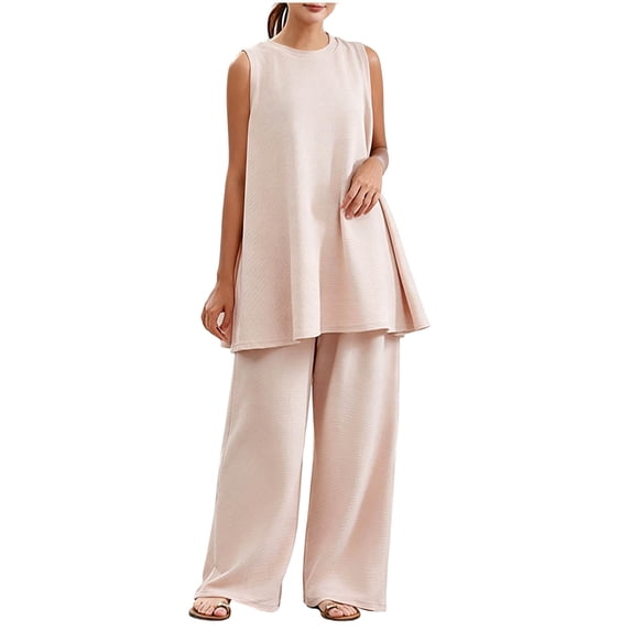 BaoFuBaoMei Womens Pajama Sets Plus Size 2 Piece Sleeveless Lounge Set Crew Neck Tunic Top and Wide Leg Pants Pjs Fall Loose Sleepwear